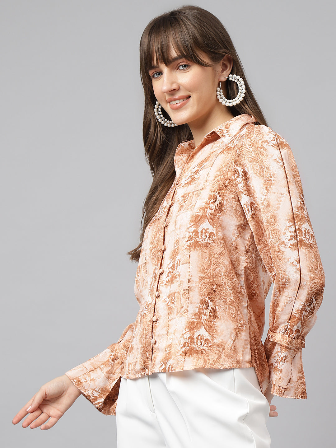 Brown Full Sleeve Spread Collar Printed Shirt For Casual Wear
