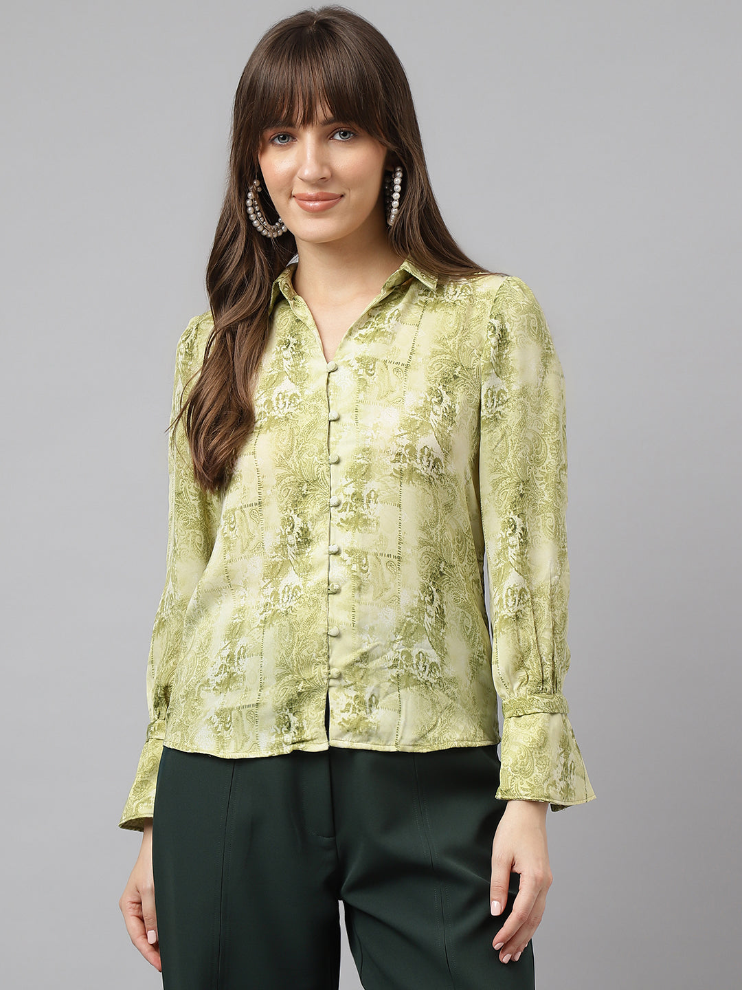 Green Full Sleeve Spread Collar Printed Shirt For Casual Wear