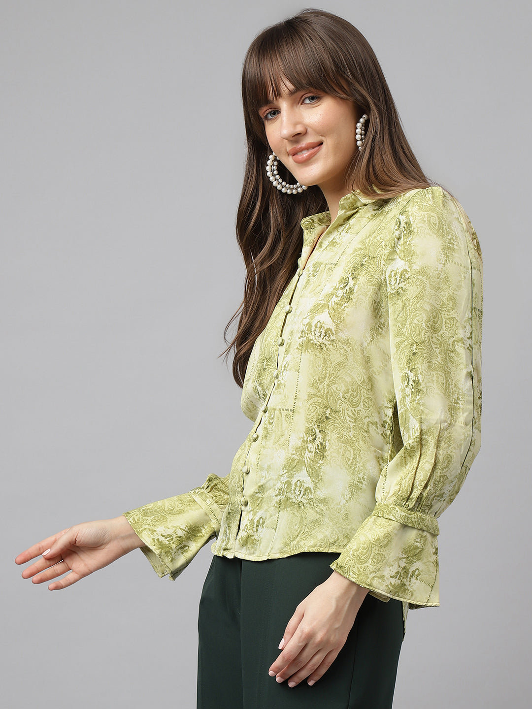 Green Full Sleeve Spread Collar Printed Shirt For Casual Wear