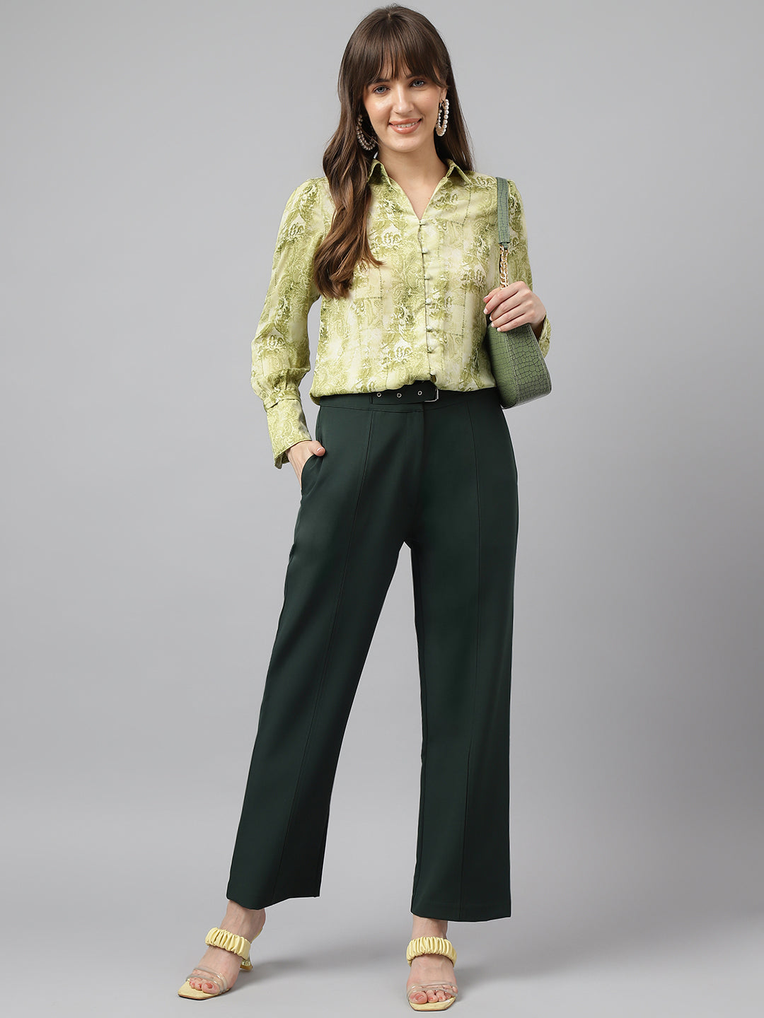 Green Full Sleeve Spread Collar Printed Shirt For Casual Wear