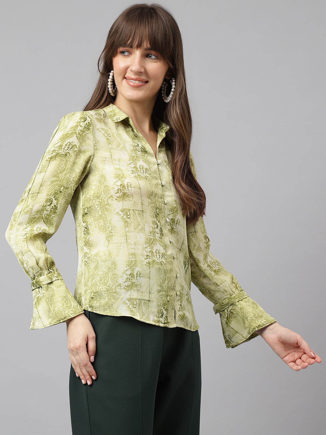 Green Full Sleeve Spread Collar Printed Shirt For Casual Wear