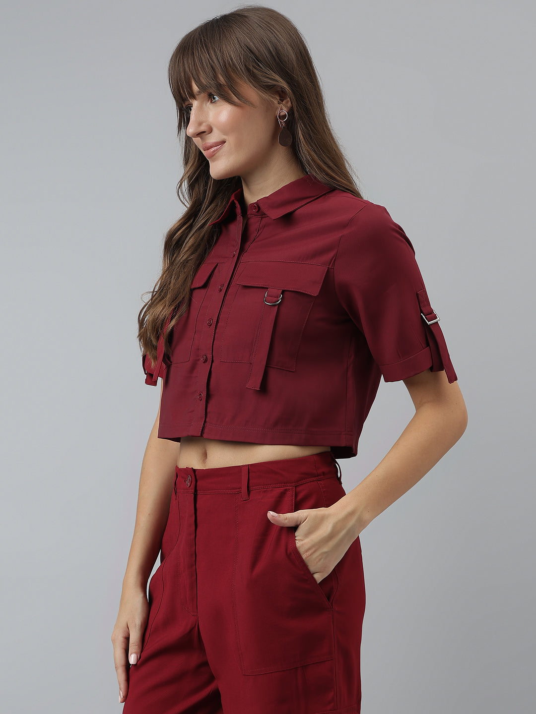 Solid Casual Short Sleeves Maroon Shirt