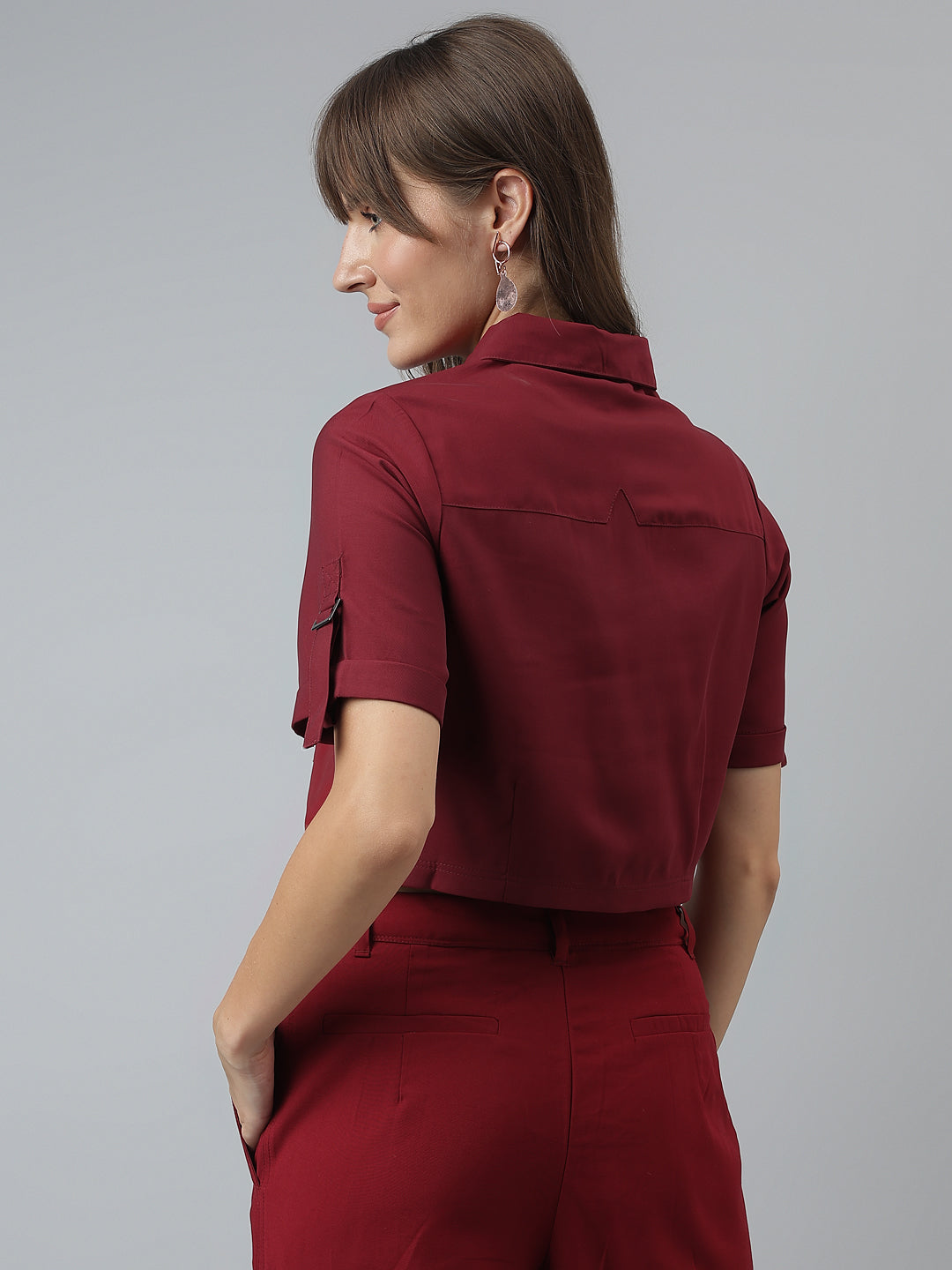 Solid Casual Short Sleeves Maroon Shirt
