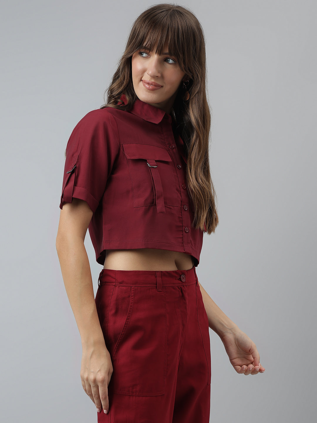 Solid Casual Short Sleeves Maroon Shirt