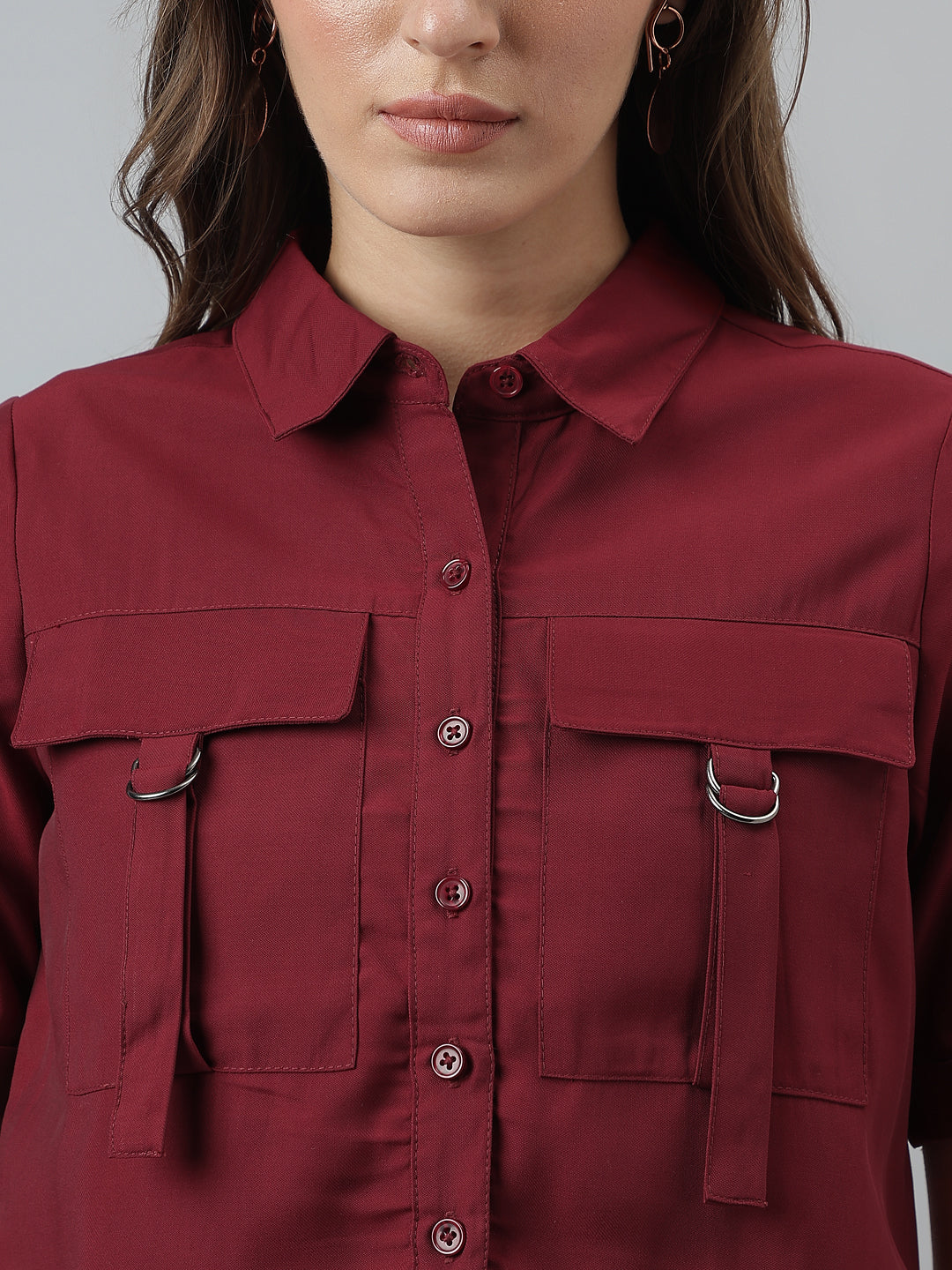 Solid Casual Short Sleeves Maroon Shirt