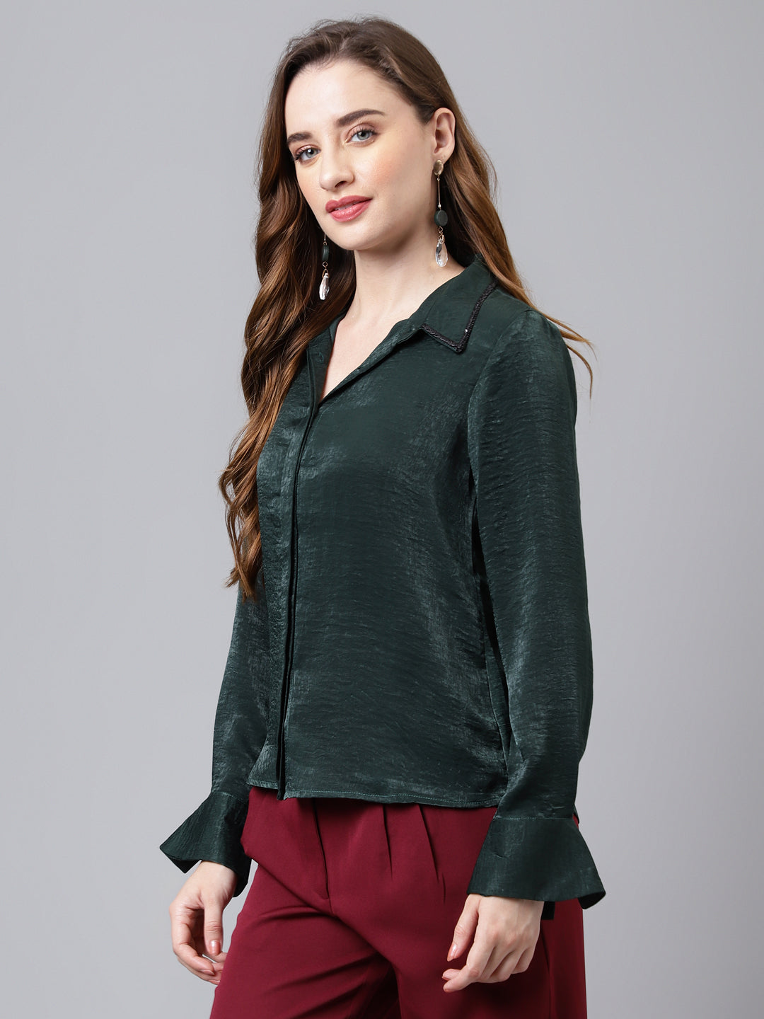 Greenbotle Shirt Collar Long Sleeves Checked Top For Casual Wear