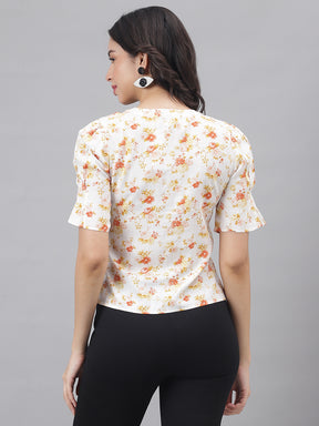 Yellow Half Sleeve V-Neck Women Floral Top