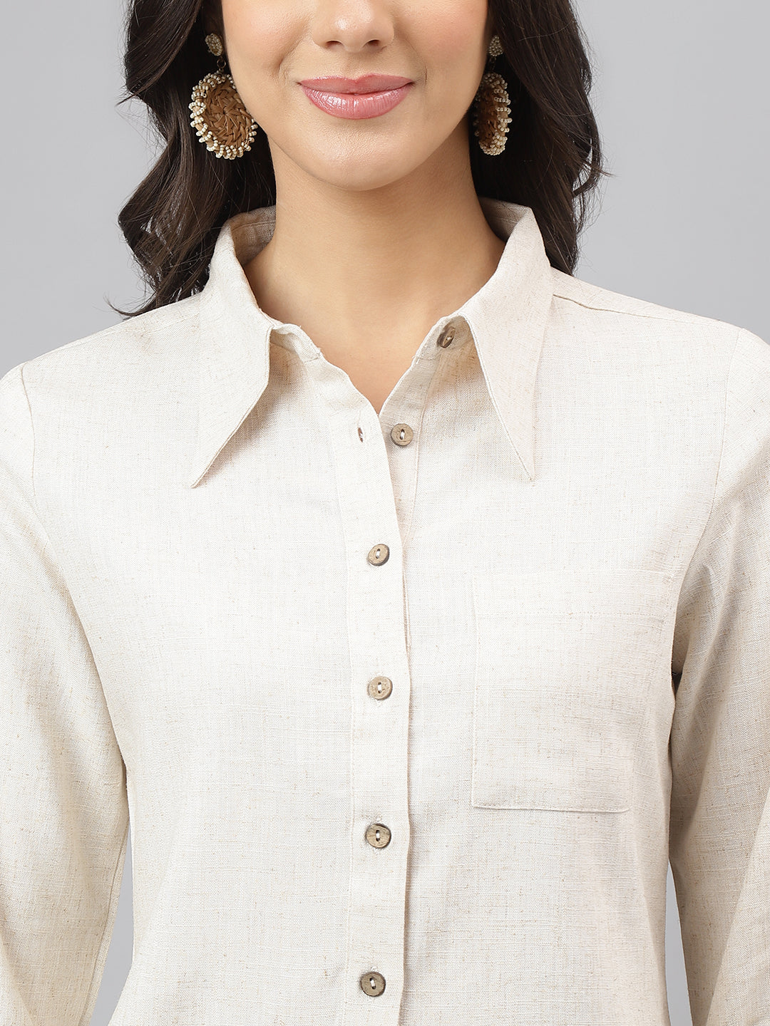 Beige Solid Full Sleeve Casual Shirt