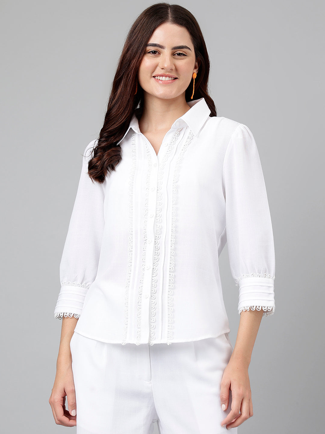 Latin Quarters Women White Collar Neck 3/4th Sleeves Solid Shirt Blouse For Casual