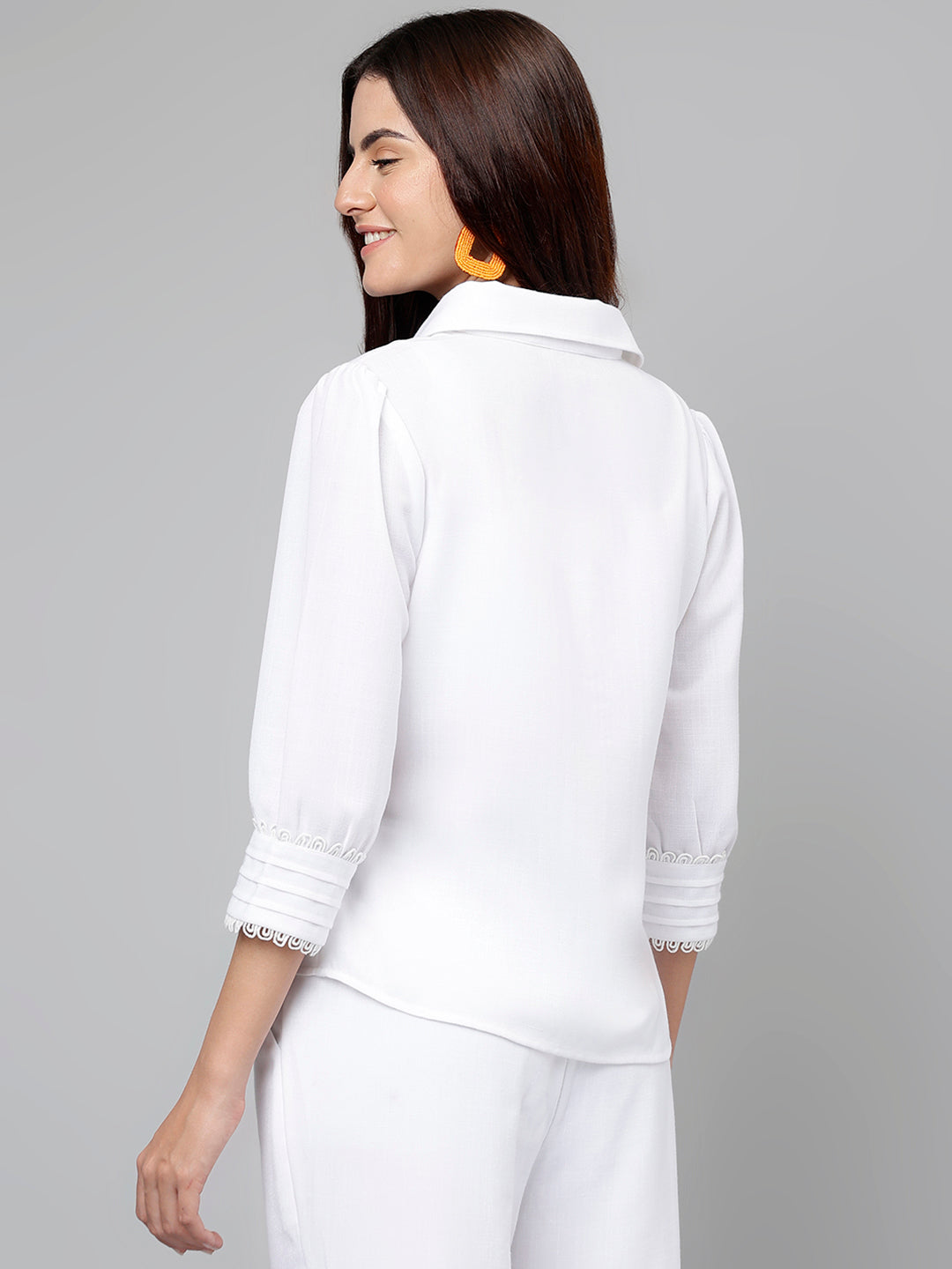 Latin Quarters Women White Collar Neck 3/4th Sleeves Solid Shirt Blouse For Casual