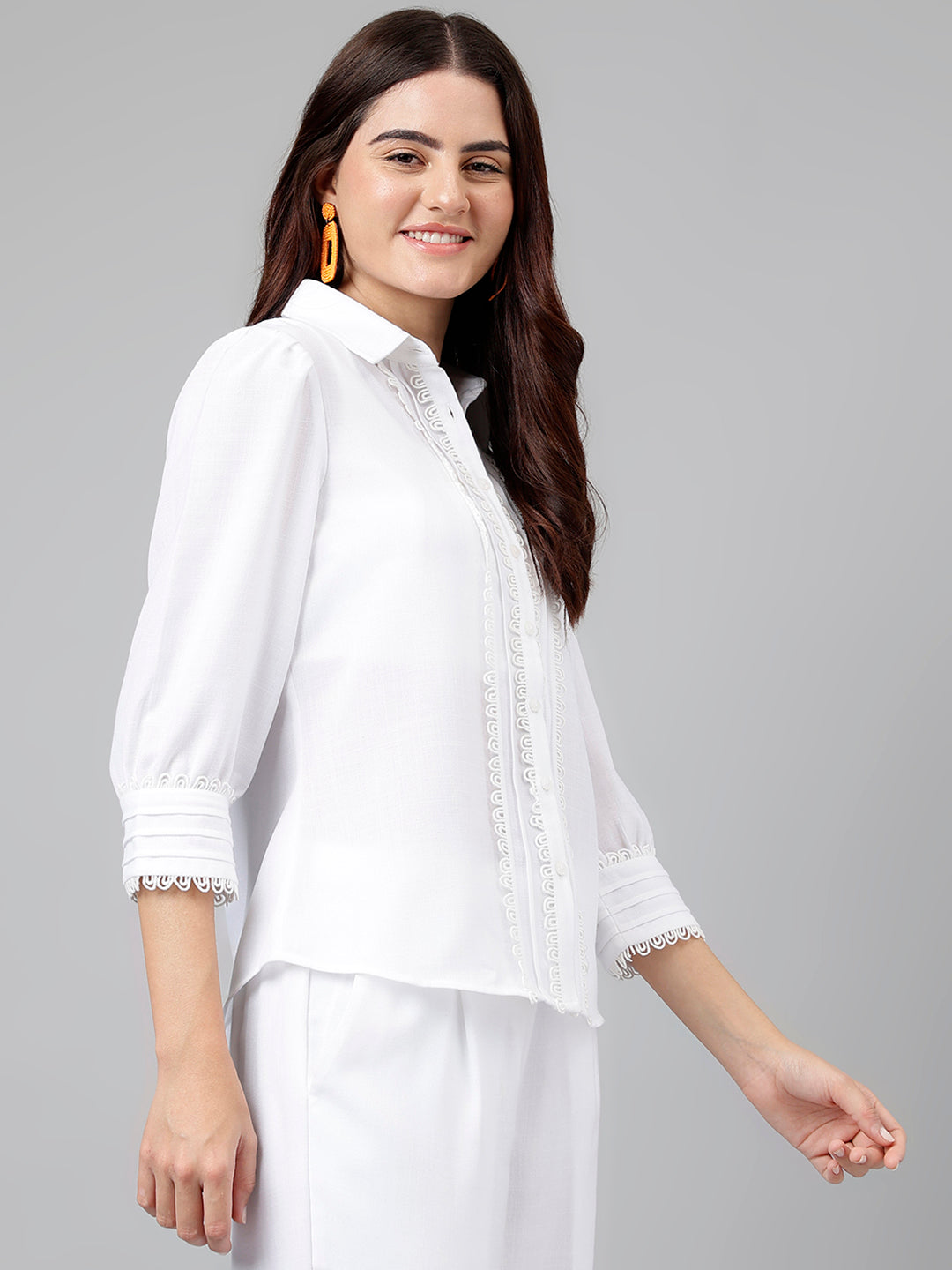 Latin Quarters Women White Collar Neck 3/4th Sleeves Solid Shirt Blouse For Casual