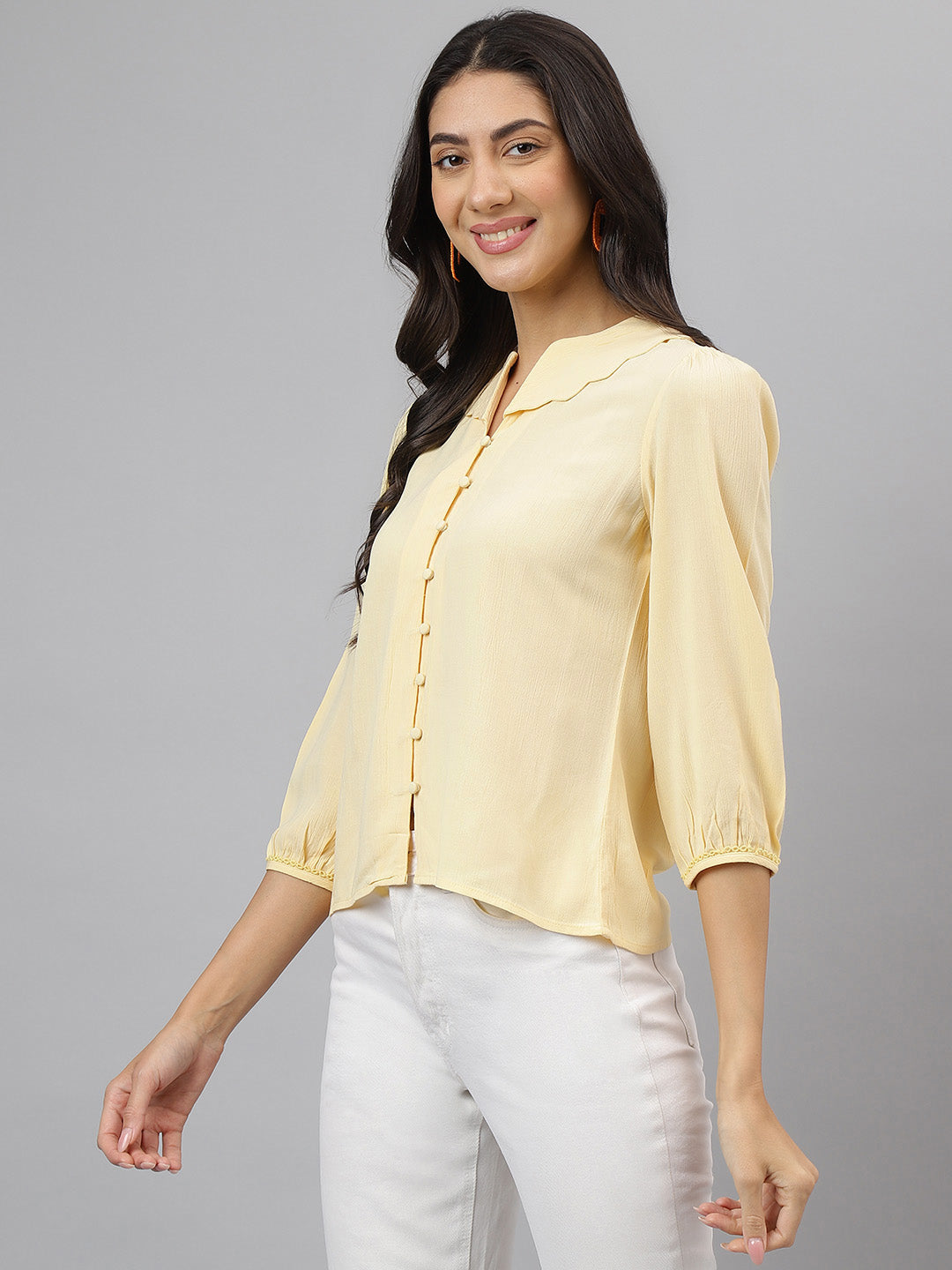 Yellow Solid 3/4 Sleeve Casual Shirt