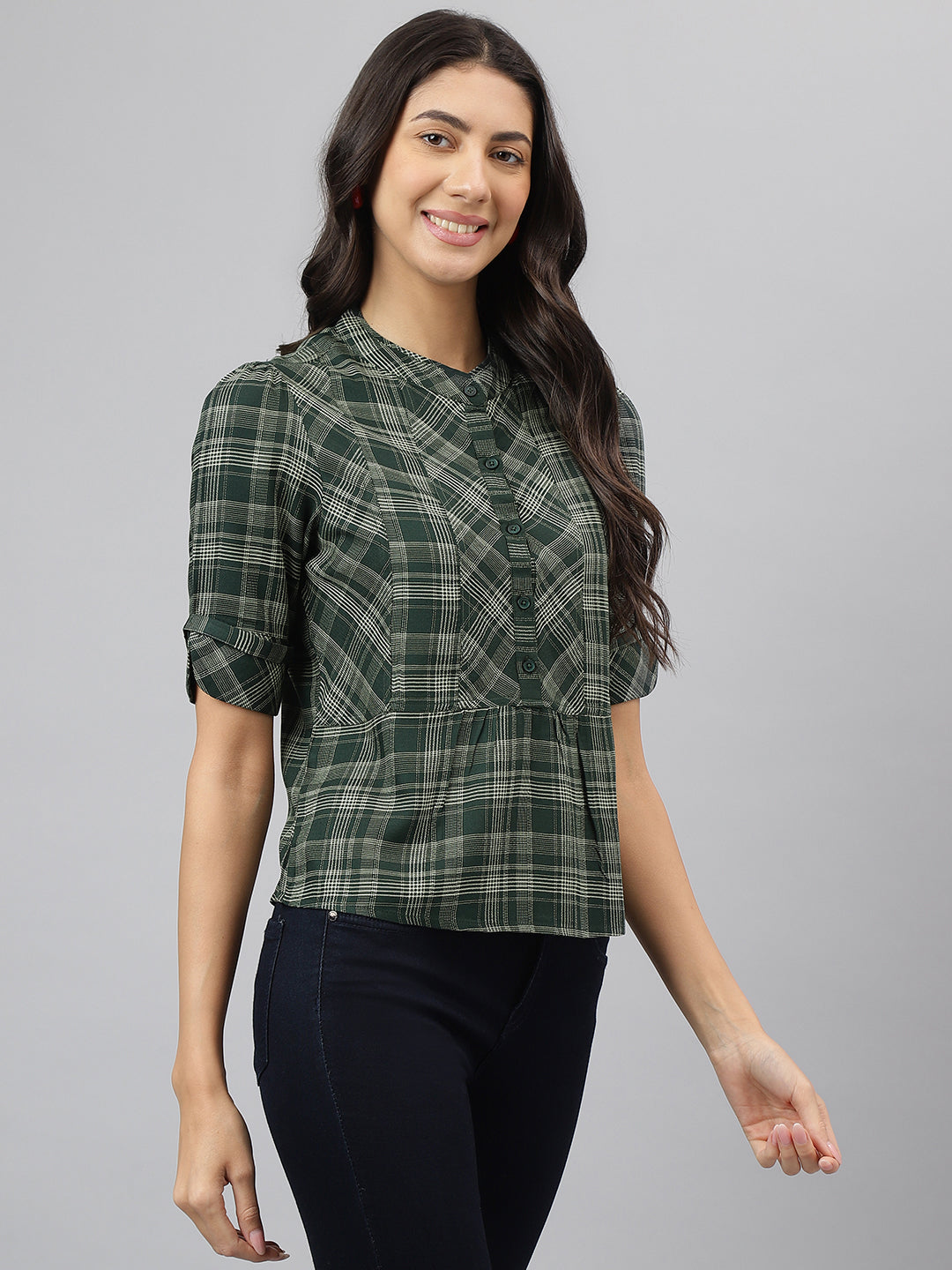 Green Check Half Sleeves Casual Top