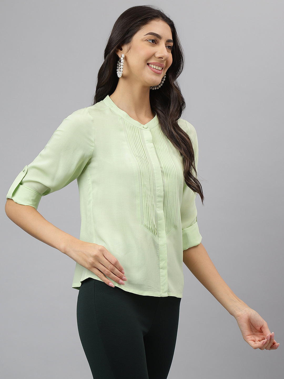 Latin Quarters Women Green Round Neck Three-Quarter Sleeves Solid Shirt