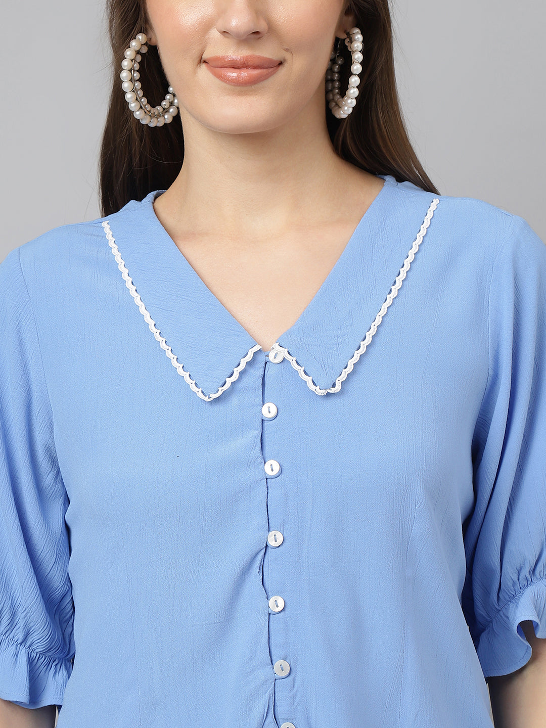 Latin Quarters Women Blue Collared Short Sleeves Solid Shirt