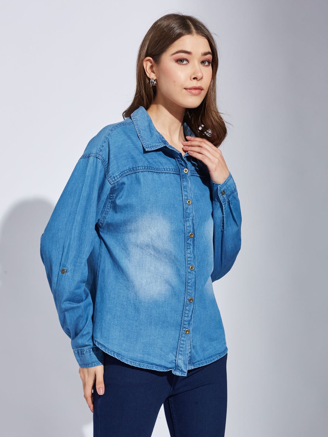 Latin Quarters Women Blue Solid Collared Long Sleeve Casual Regular Shirt