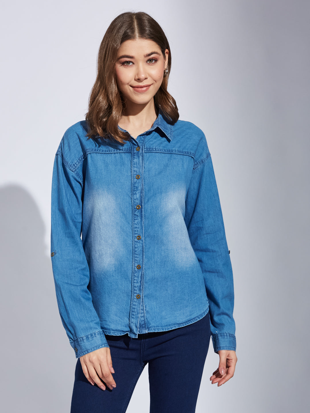 Latin Quarters Women Blue Solid Collared Long Sleeve Casual Regular Shirt