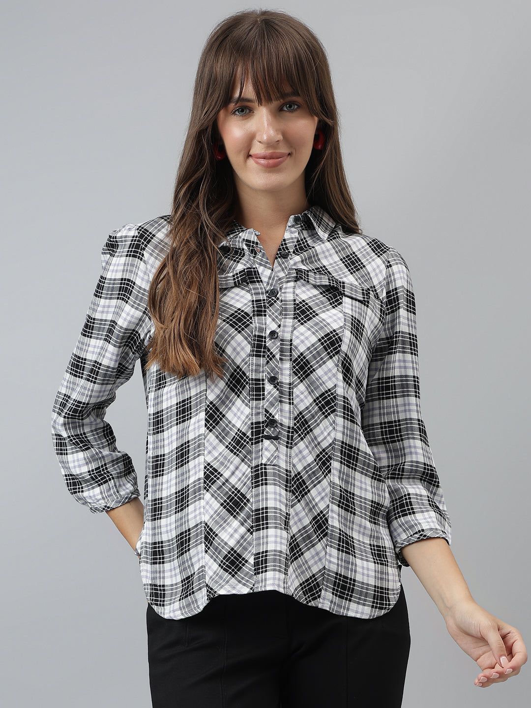 Checks Shirt Casual 3/4 Sleeves Black Shirt