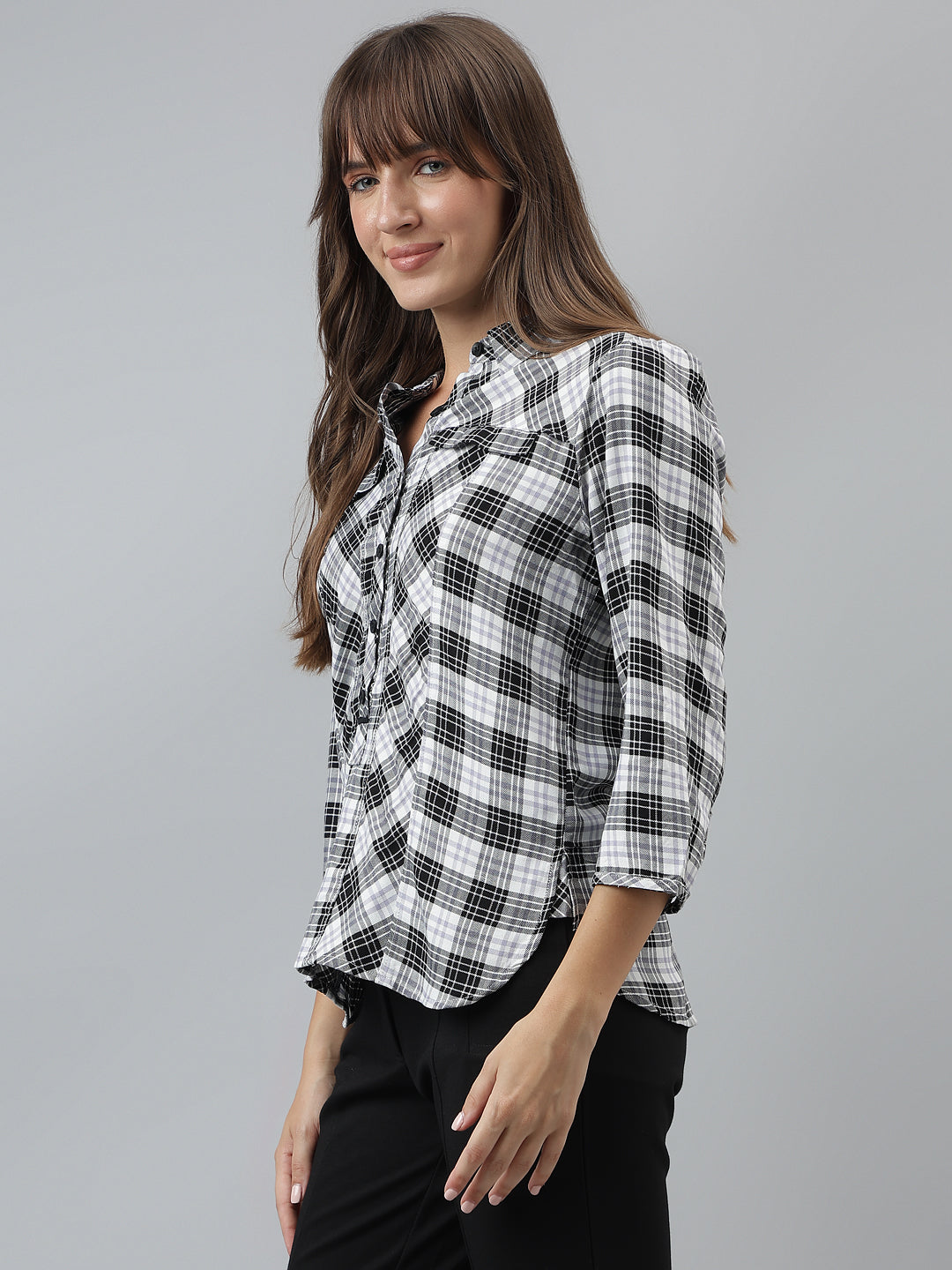 Checks Shirt Casual 3/4 Sleeves Black Shirt