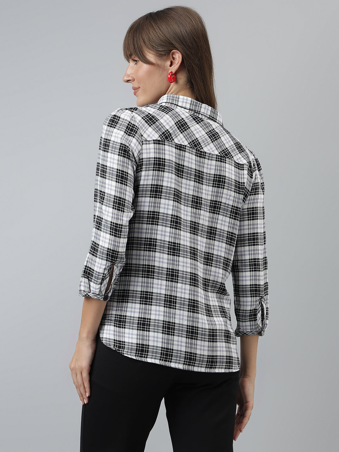 Checks Shirt Casual 3/4 Sleeves Black Shirt