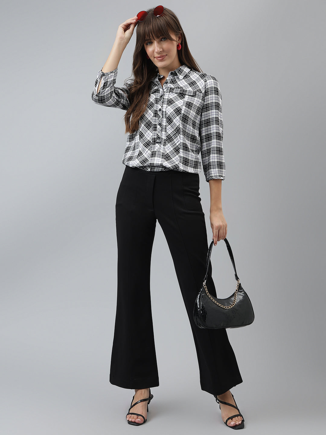 Checks Shirt Casual 3/4 Sleeves Black Shirt