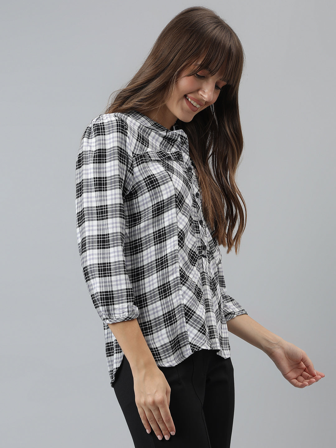 Checks Shirt Casual 3/4 Sleeves Black Shirt