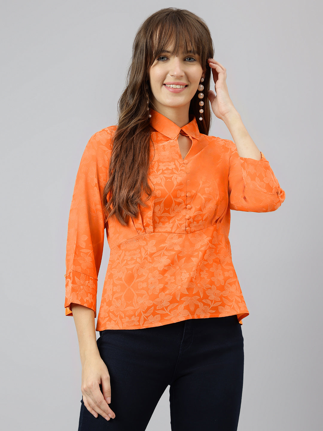 Orange Shirt Collar Three-Quarter Sleeves Solid Shirt For Casual Wear