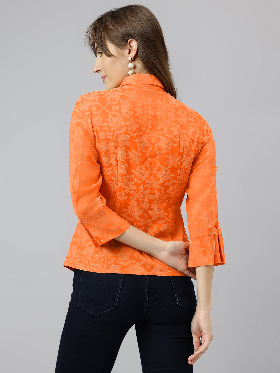 Orange Shirt Collar Three-Quarter Sleeves Solid Shirt For Casual Wear