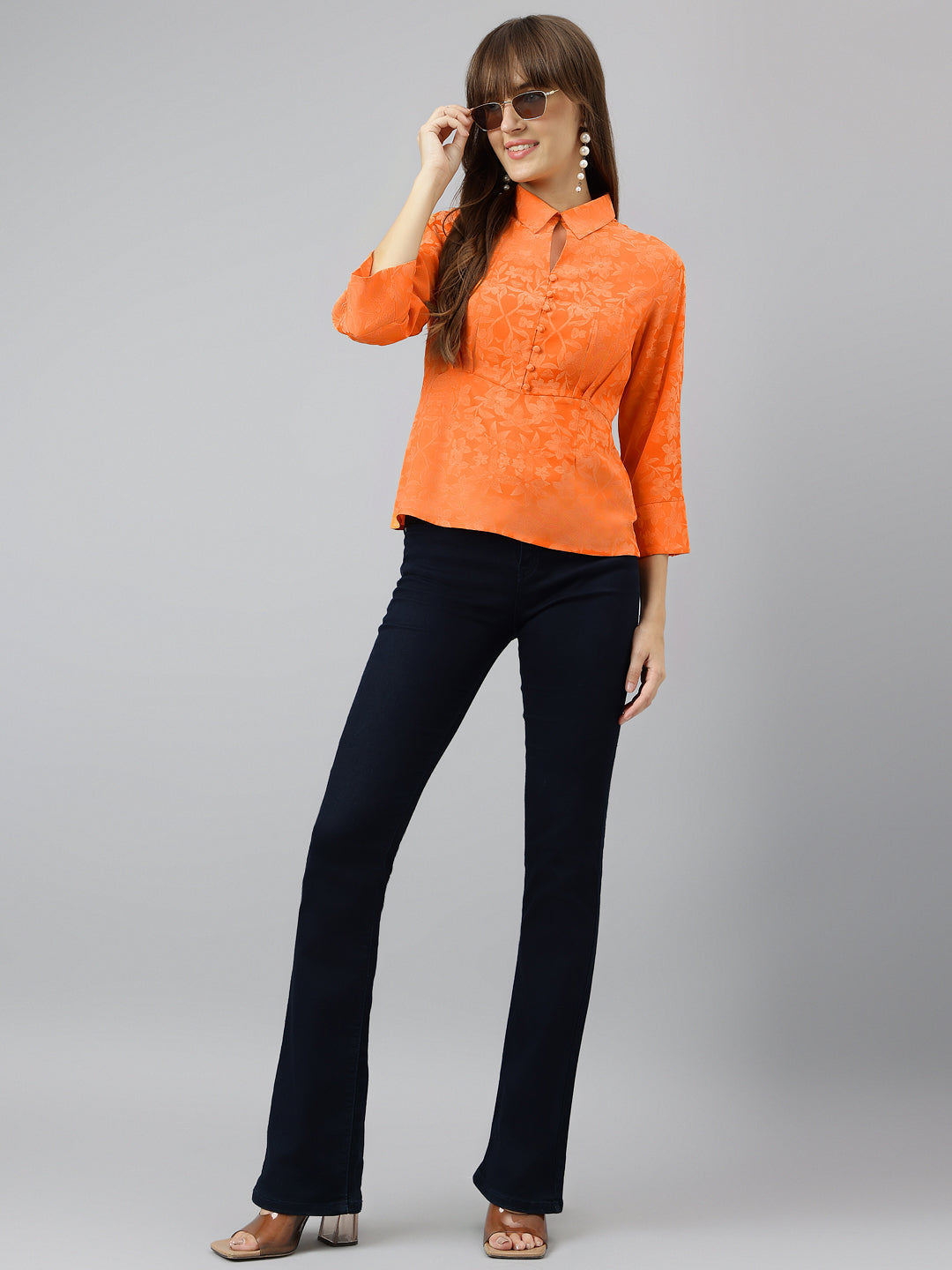 Orange Shirt Collar Three-Quarter Sleeves Solid Shirt For Casual Wear