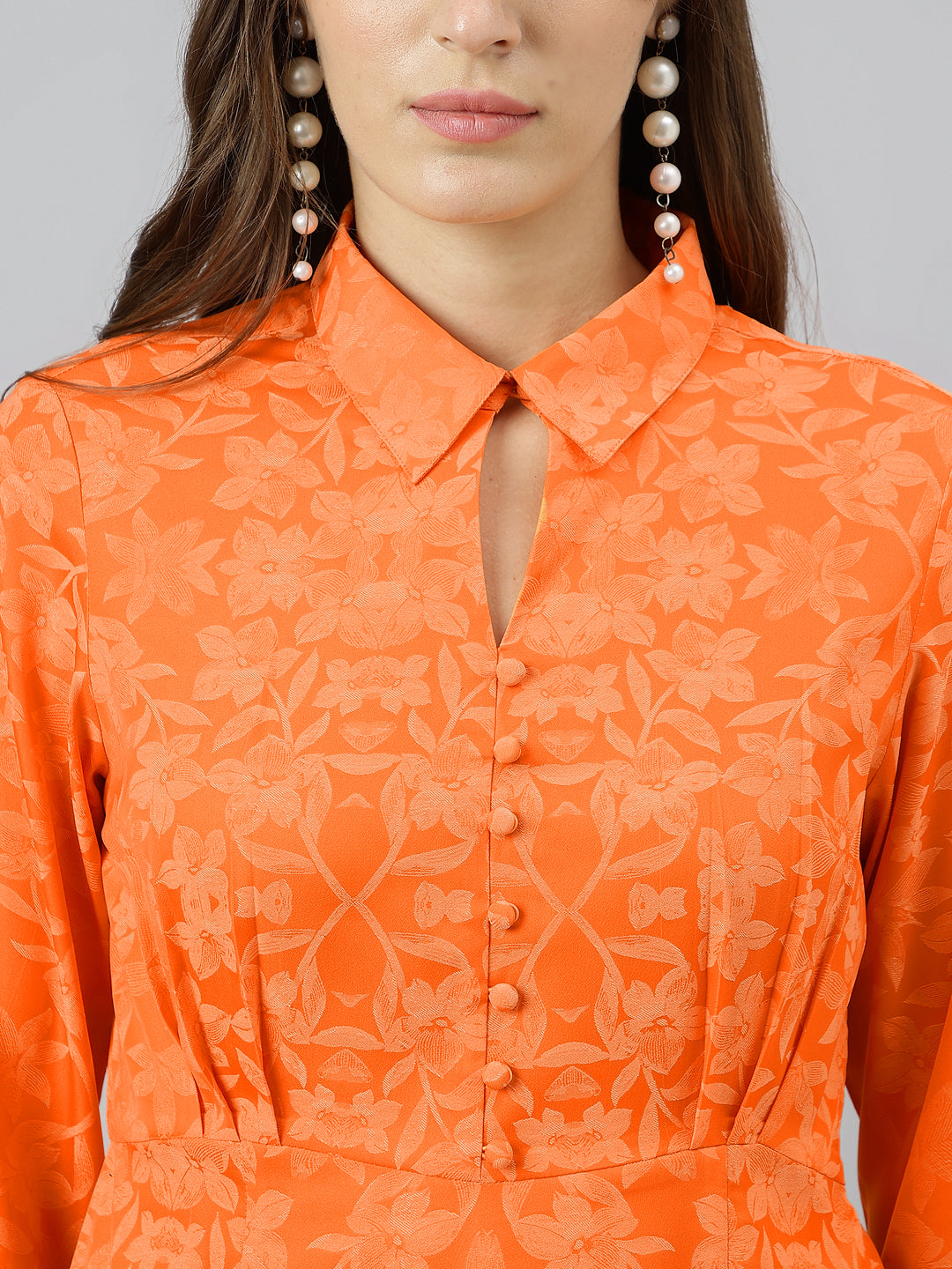 Orange Shirt Collar Three-Quarter Sleeves Solid Shirt For Casual Wear