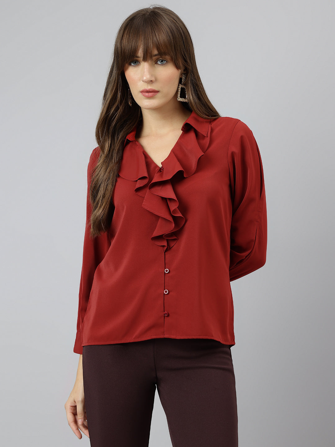 Rust Spread Collar Three Quarter Sleeves Solid Shirt For Casual Wear