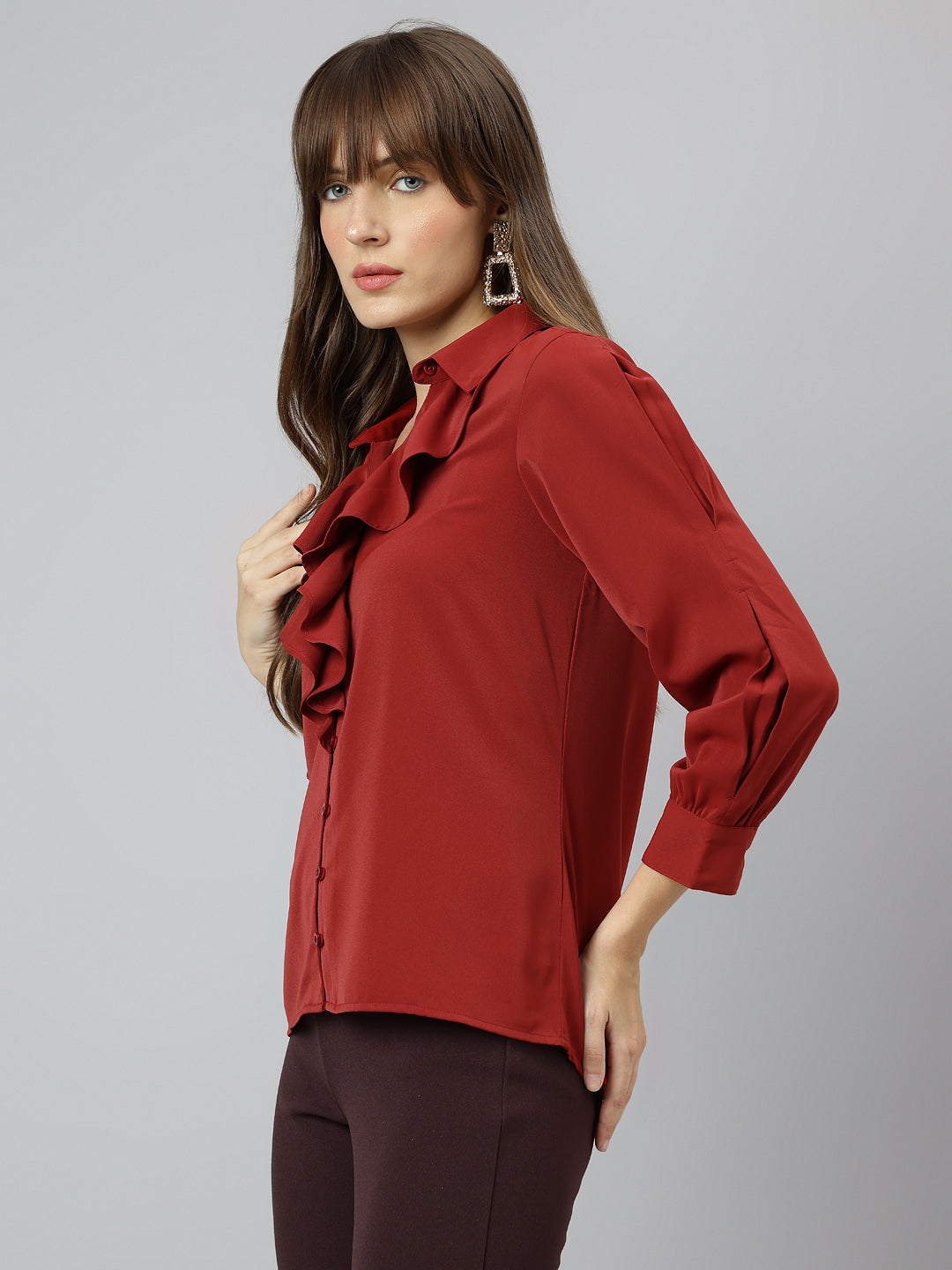 Rust Spread Collar Three Quarter Sleeves Solid Shirt For Casual Wear