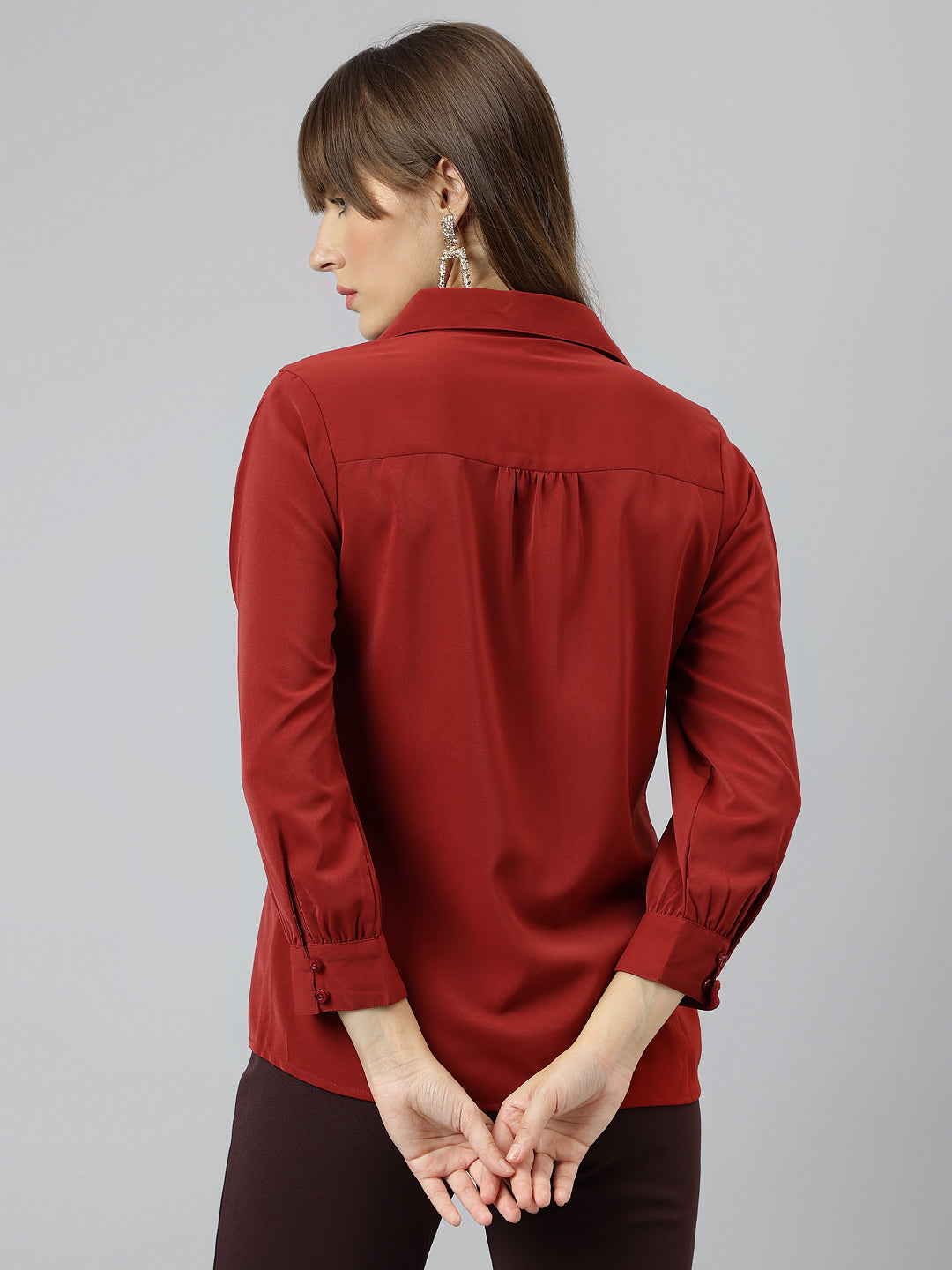 Rust Spread Collar Three Quarter Sleeves Solid Shirt For Casual Wear