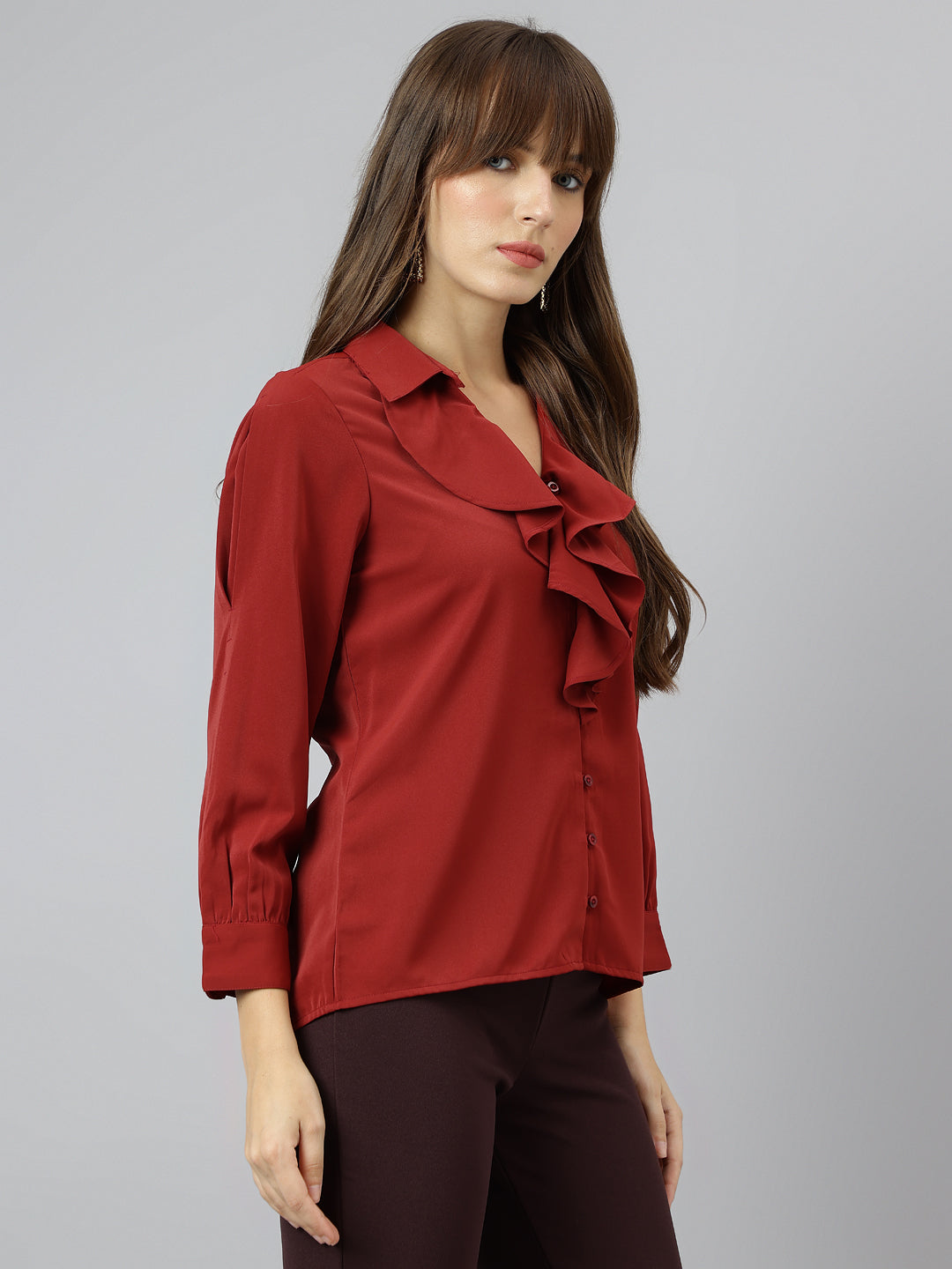 Rust Spread Collar Three Quarter Sleeves Solid Shirt For Casual Wear