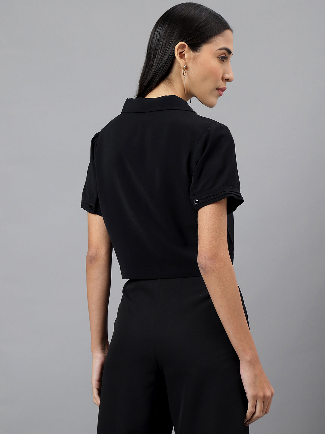 Black Short Sleeve Collar Crop Shirt