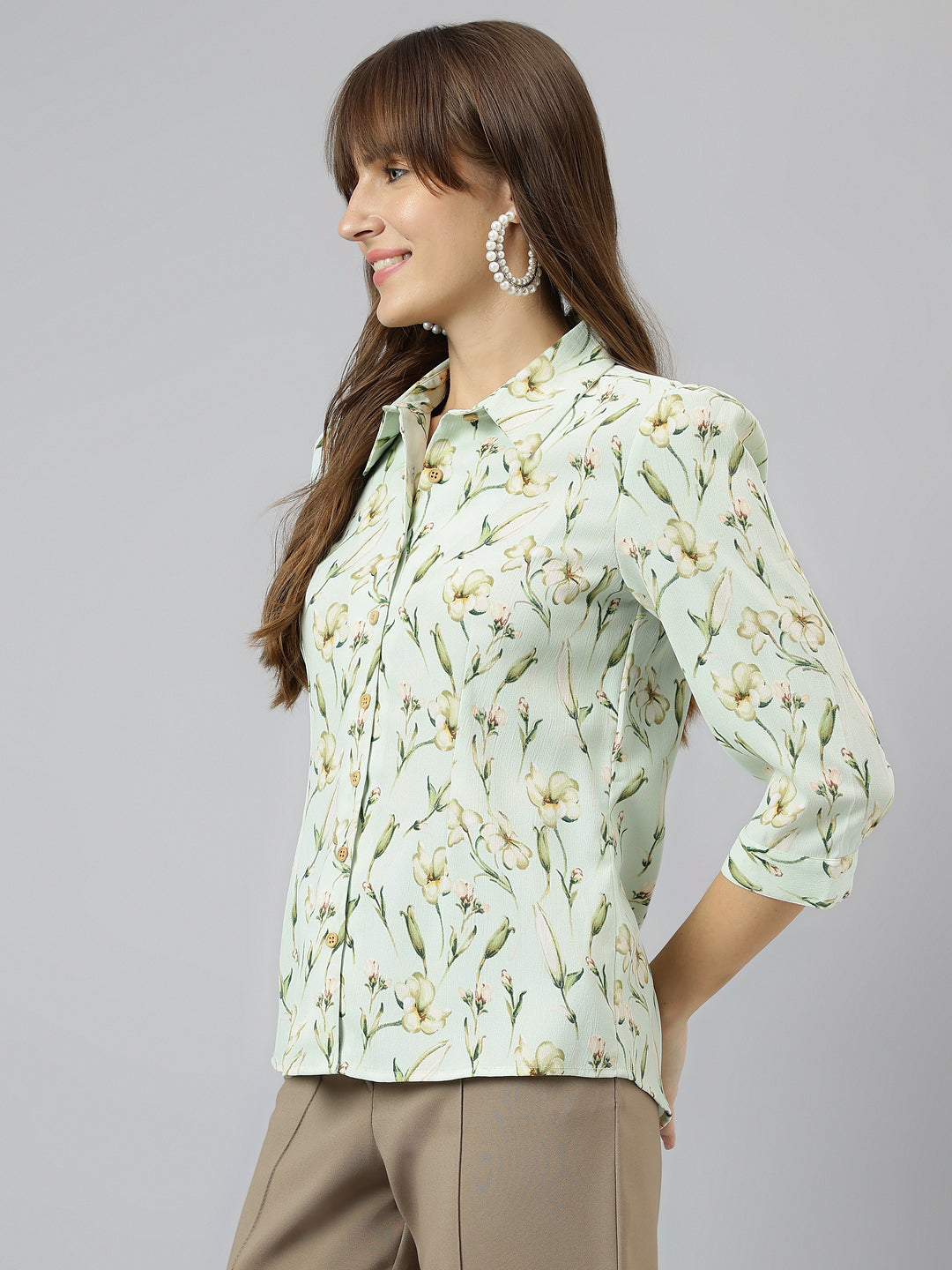 Green Shirt Collar Three-Quarter Sleeves Printed Shirt For Casual Wear