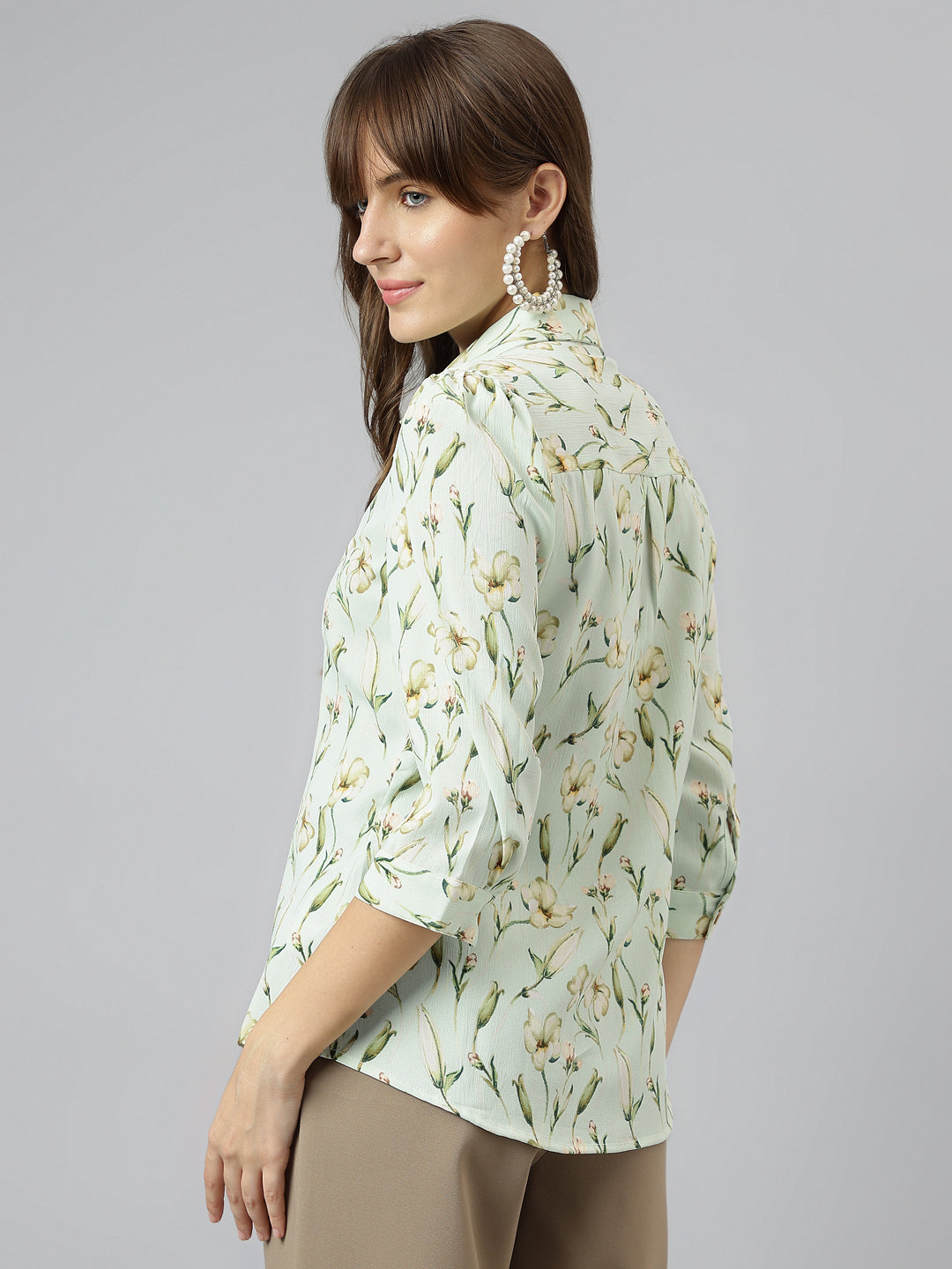Green Shirt Collar Three-Quarter Sleeves Printed Shirt For Casual Wear
