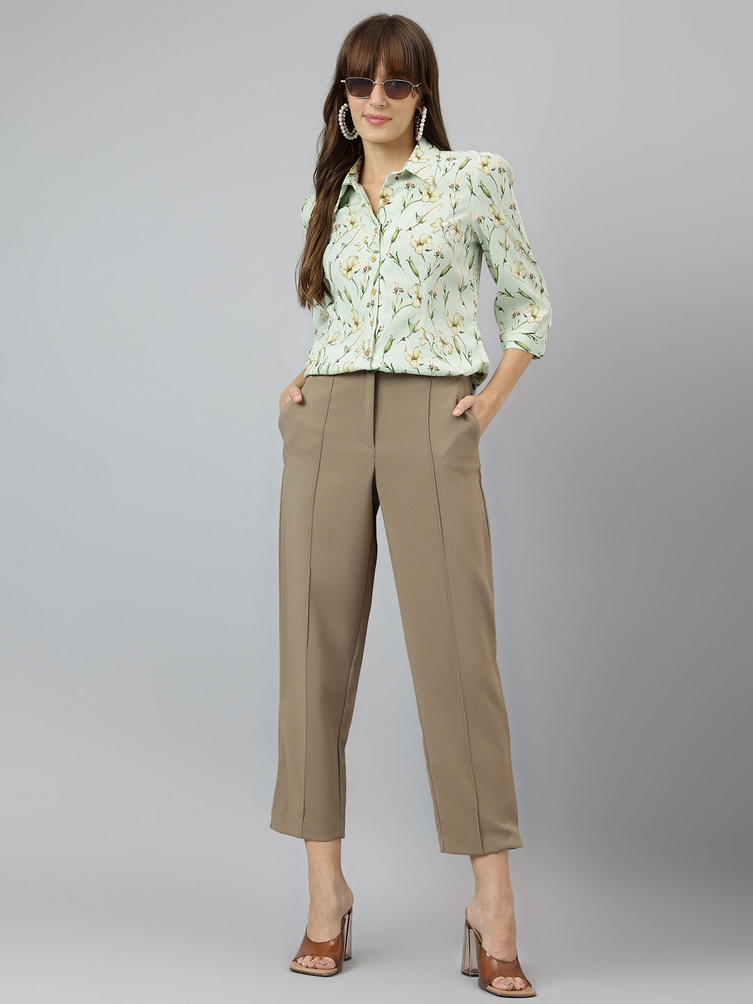 Green Shirt Collar Three-Quarter Sleeves Printed Shirt For Casual Wear