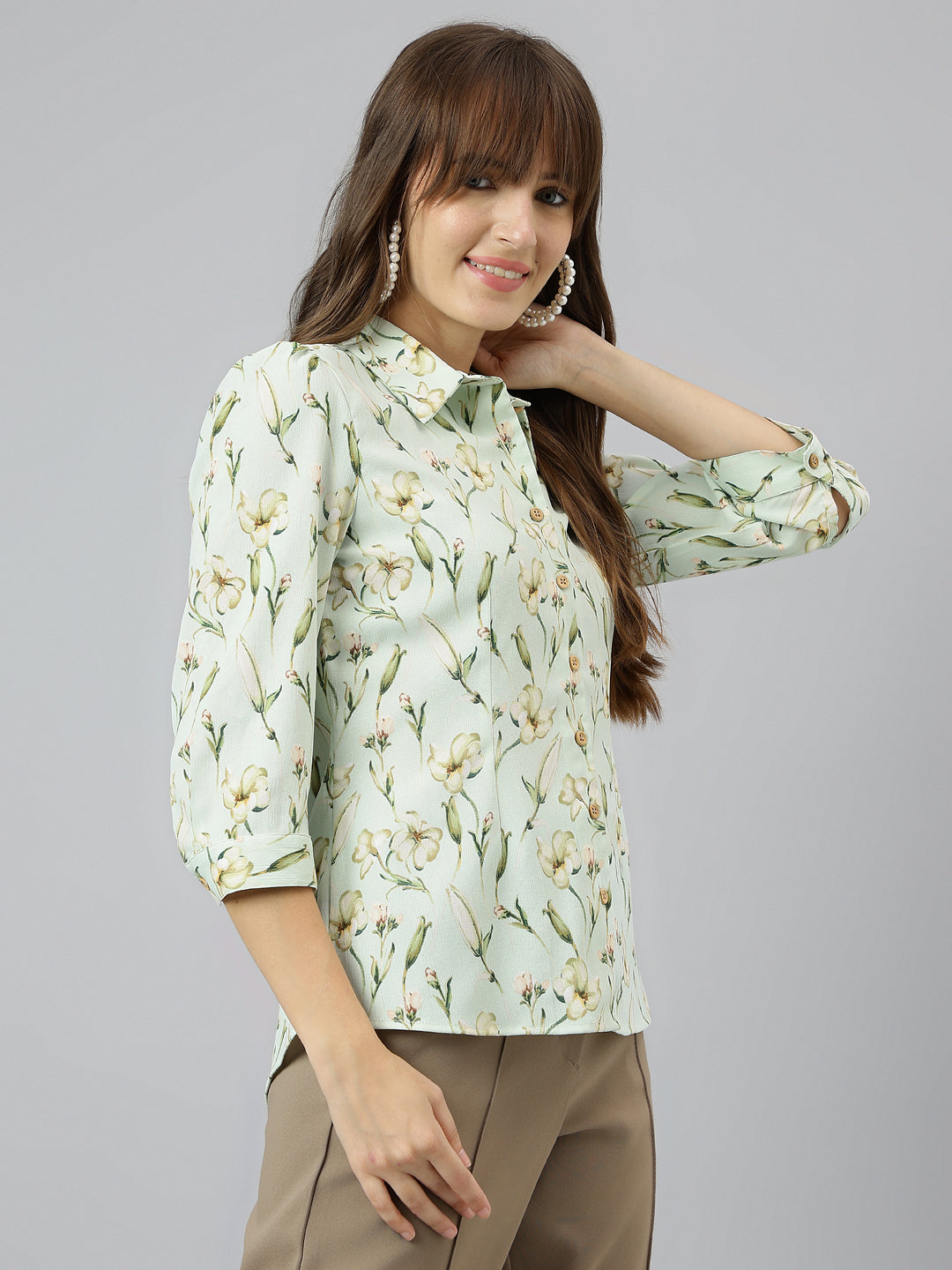Green Shirt Collar Three-Quarter Sleeves Printed Shirt For Casual Wear