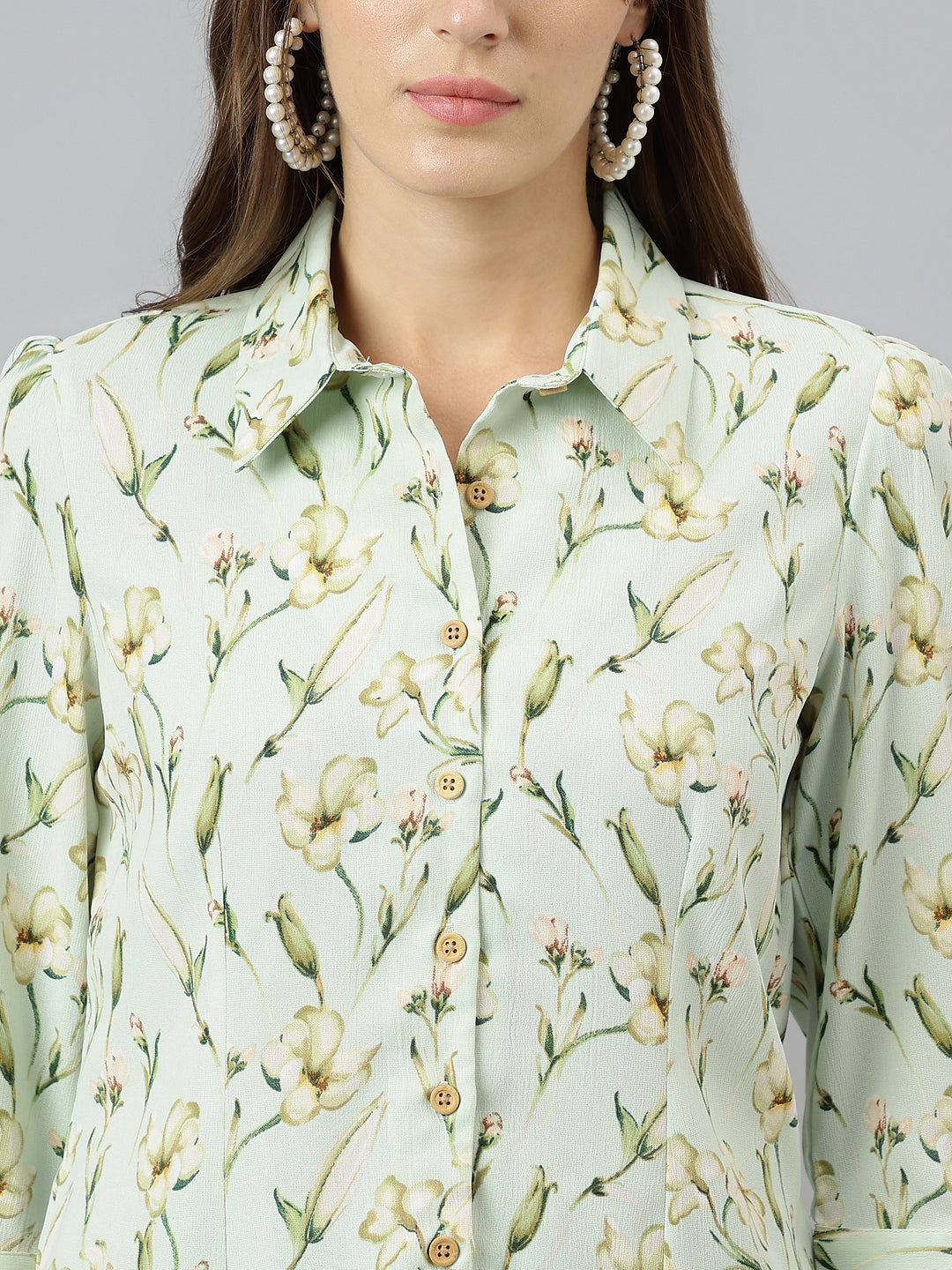Green Shirt Collar Three-Quarter Sleeves Printed Shirt For Casual Wear