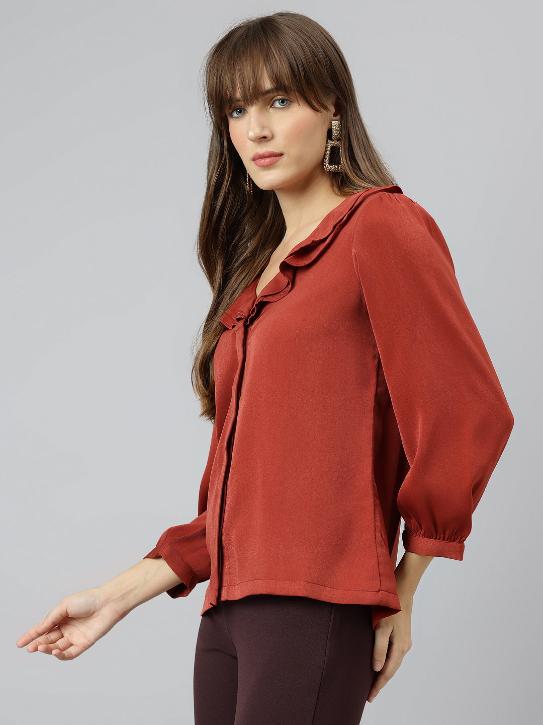 Latin Quarters Women Rust V Neck Three-Quarter Sleeves Solid Shirt