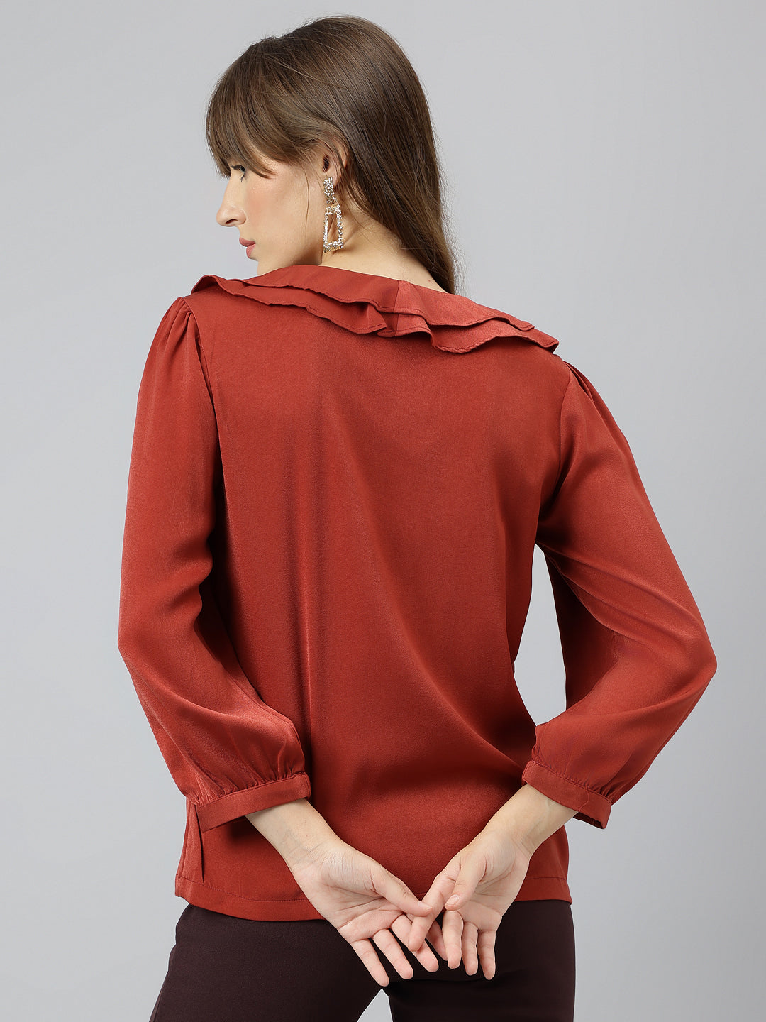 Latin Quarters Women Rust V Neck Three-Quarter Sleeves Solid Shirt