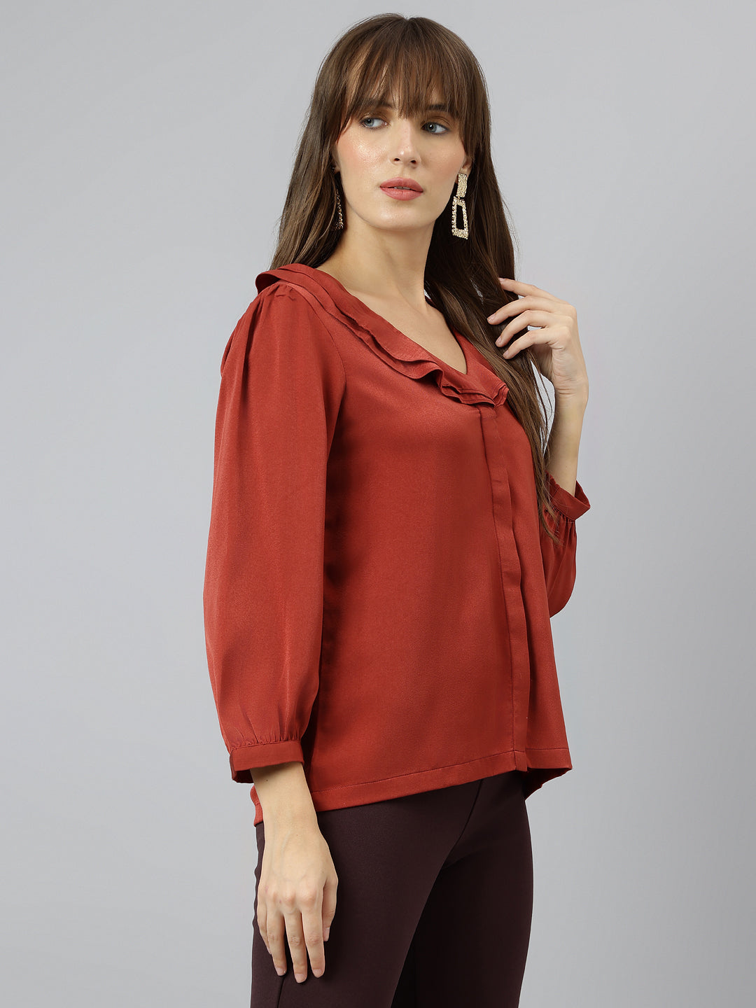 Latin Quarters Women Rust V Neck Three-Quarter Sleeves Solid Shirt