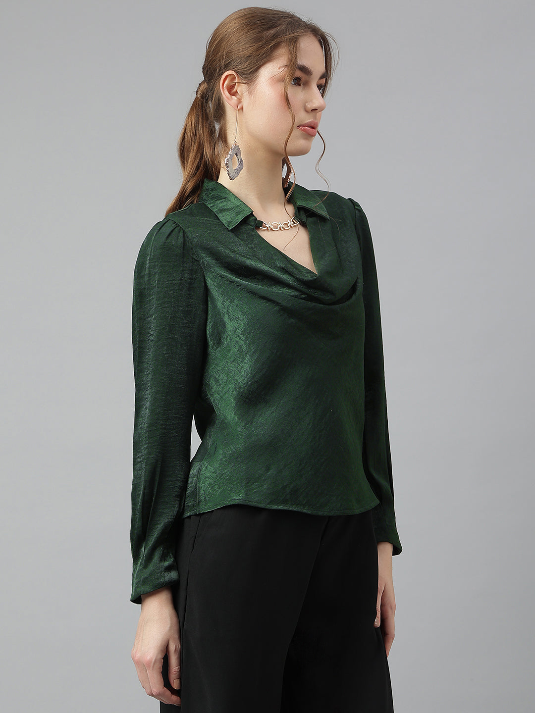 Latin Quarters Women Green Collar Long Sleeves Solid Top For Casual Wear