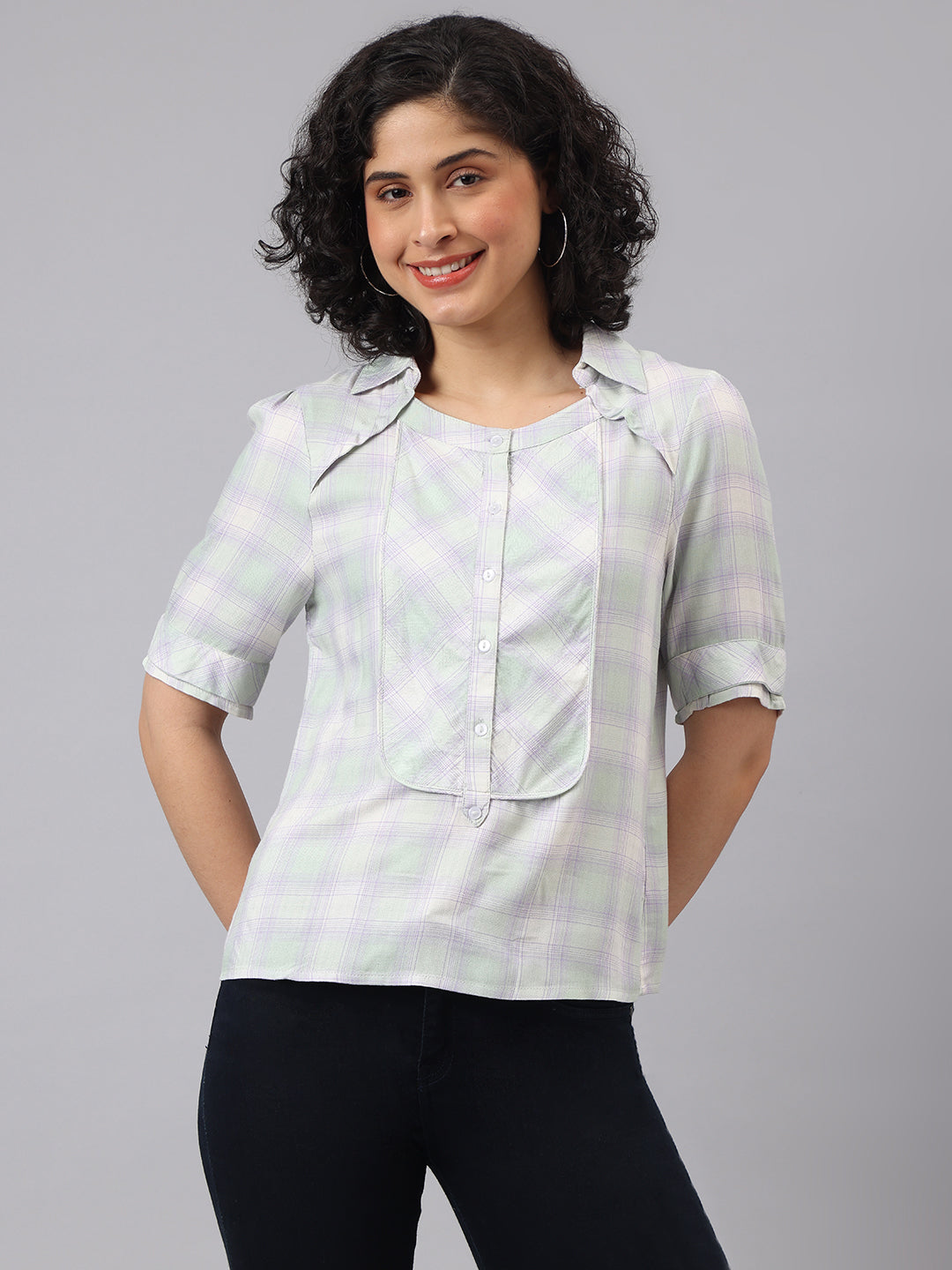 Stylish Green Half Sleeve Collar Checkered Casual Top For Everyday Charm