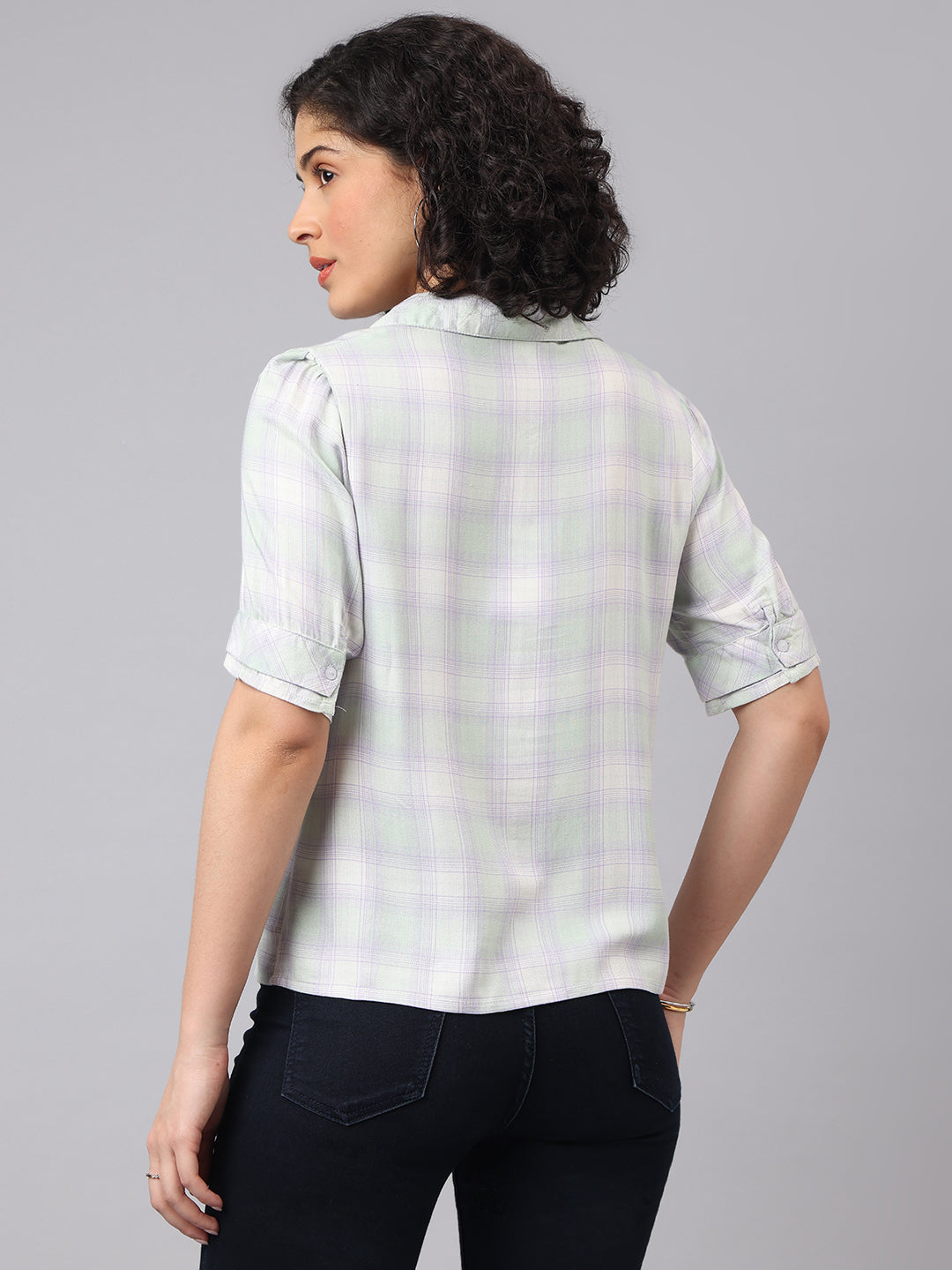Stylish Green Half Sleeve Collar Checkered Casual Top For Everyday Charm