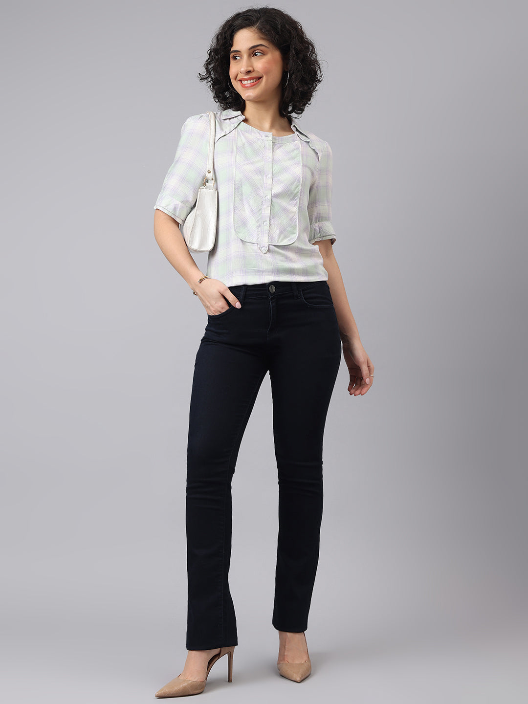 Stylish Green Half Sleeve Collar Checkered Casual Top For Everyday Charm