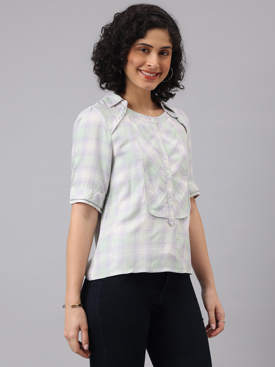 Stylish Green Half Sleeve Collar Checkered Casual Top For Everyday Charm