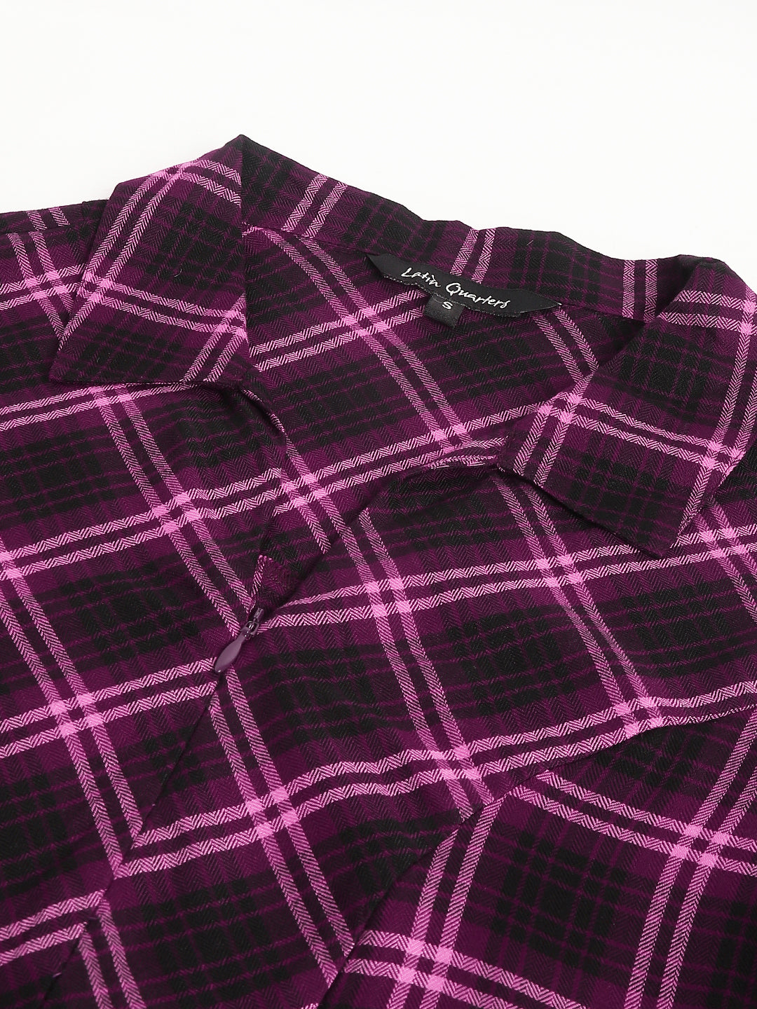 Wine Shirt Collar Three-Quarter Sleeves Checkered Top For Casual Wear