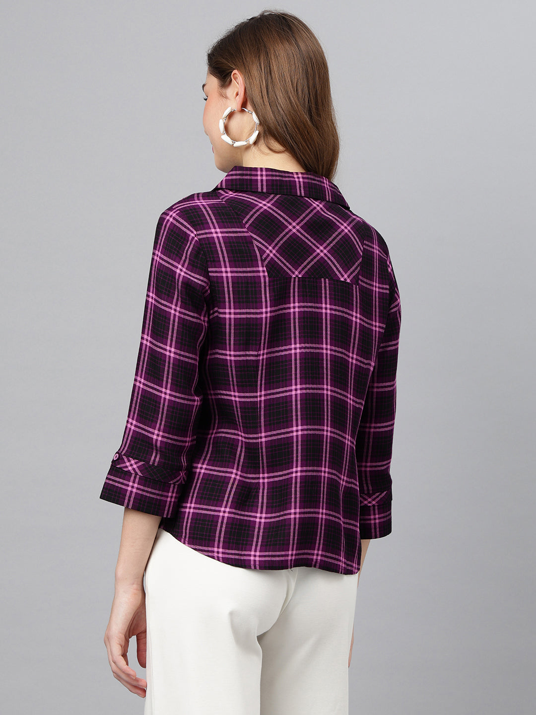 Wine Shirt Collar Three-Quarter Sleeves Checkered Top For Casual Wear
